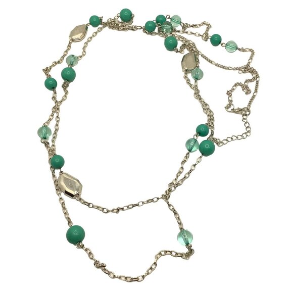 Long Length Beaded Necklace Double Strand Silver Tone Turqoise - Picture 2 of 3